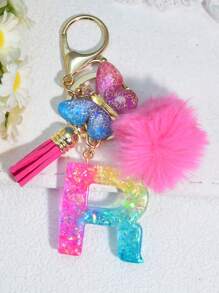 1 pièce Porte-clés en résine à lettres bicolores, pendentif de sac mode avec pompon à gland papillon, cadeau pour amis et école