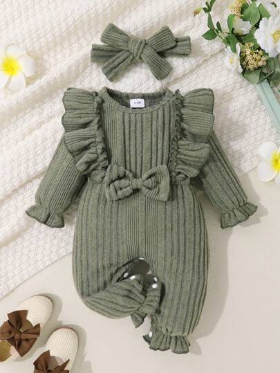 2pcs/Set Baby Girl Soft & Breathable Solid Color One-Piece Jumpsuit With Front Bow & Ruffle Details, Headband, Adorable