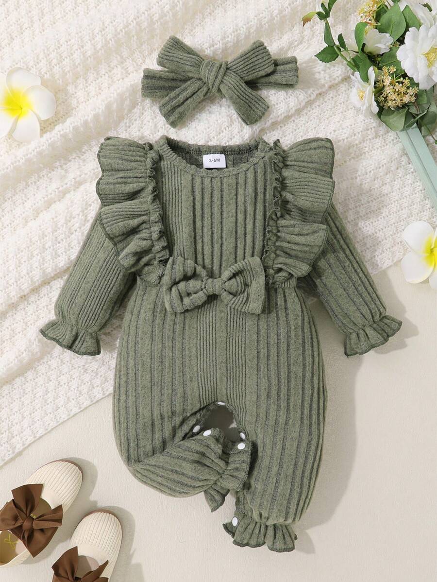 2pcs/Set Baby Girl Soft & Breathable Solid Color One-Piece Romper With Front Bow & Ruffle Details, Headband, Adorable