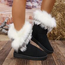 Women's Fashion Comfortable Fluffy Trim Ankle Fuzzy Boots, Warm, Lightweight, Slip-On For Snow Weather,Snow Boots - Black White Hair - View 5