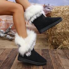 Women's Fashion Comfortable Fluffy Trim Ankle Fuzzy Boots, Warm, Lightweight, Slip-On For Snow Weather,Snow Boots - Black White Hair - View 4