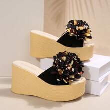 女士蝴蝶结厚底坡跟凉鞋，轻便露趾一脚蹬休闲沙滩户外拖鞋 - 黑色 - 查看 2