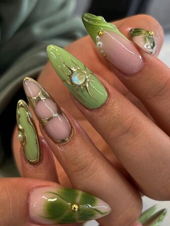 10pcs Y2K Nail Kit, Instantly Elevate Your Look! Almond-Shaped False Nails Adorned With Gold Plated Flowers, Pearls, And Cat Eye Rhinestones, The Essential Manicure For Fashionable Girls. The Set Includes 1 Nail File And 1 Sheet Of Nail Glue Stickers, A Great Gift For Girls, Mothers, And Women. This Nail Kit Contains Removable False Nails Suitable For Holidays, Parties, Dates, And Everyday Wear.