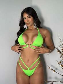 Tie-Up Bikini, Top With Thin Straps And Metal Hoop Detail, Low-Waisted Panties - 青檸色 - 查看 1