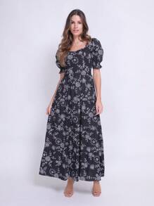 Luxury Long Dress In Tricoline Cotton With Short Sleeves - màu đen - Xem 3
