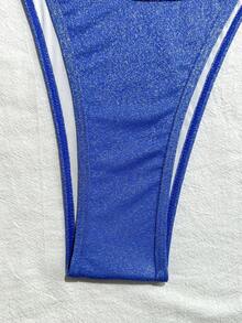 Summer Beach Solid Color Textured Fabric Metallic Decor Women Bandeau Bikini Set - Blue - View 5
