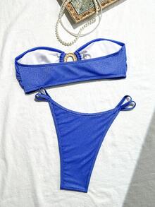Summer Beach Solid Color Textured Fabric Metallic Decor Women Bandeau Bikini Set - Blue - View 3