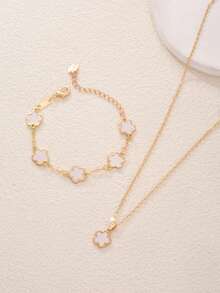 2 cái/bộ: 1 dây chuyền mặt + 1 vòng tay, mặt dây chuyền hình bầu dục đơn giản và ngôi sao vàng sang trọng thời trang, thích hợp làm quà tặng cho bạn gái, đám cưới, tốt nghiệp, hẹn hò - trắng - Xem 2