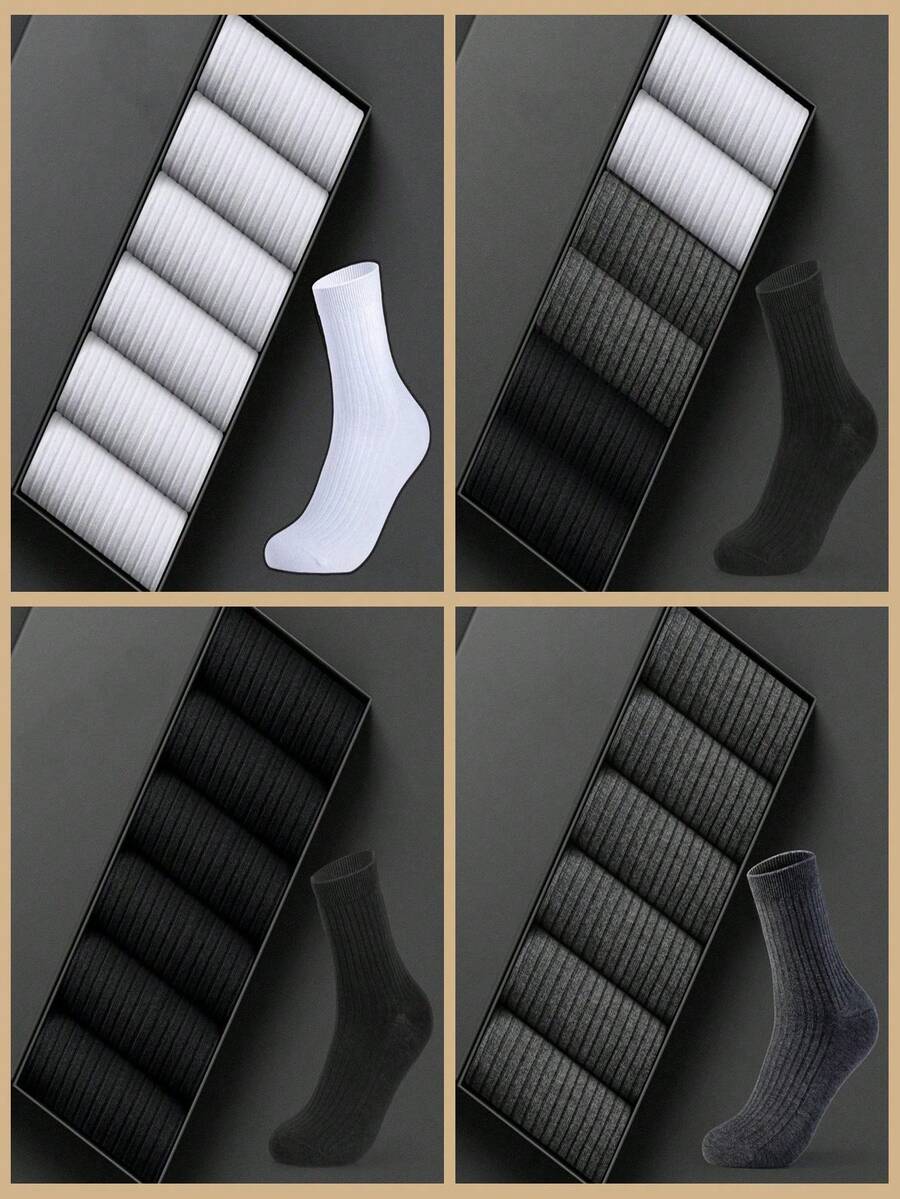 6 双/适合男士高端商务办公休闲百搭纯色长袜，舒适、吸汗、透气中筒袜 - 适合全年穿着 - 彩色 - 查看 1
