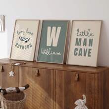 3 件套定制帆布墙画 - 个性化首字母名称、男孩房间装饰、男孩是最好的标志、小男人洞穴标志、幼儿园男孩墙画、米色和绿色 - 无框、高品质材料、独特的礼物创意 - 彩色 - 查看 2