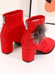 Giày bốt ngắn lông thỏ giả mùa đông, giày bốt cổ ngắn bằng da lộn có lớp lót nhung, giày bốt cao gót lông màu đỏ cho nữ - Đỏ - Xem 11