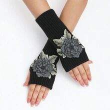 1 Cặp Găng tay hở ngón thêu hoa thủ công phong cách cổ điển, Găng tay giữ ấm cổ tay ngắn cho mùa thu/đông - Nhiều màu - Xem 4