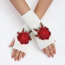 1 Cặp Găng tay hở ngón thêu hoa thủ công phong cách cổ điển, Găng tay giữ ấm cổ tay ngắn cho mùa thu/đông - Nhiều màu - Xem 1