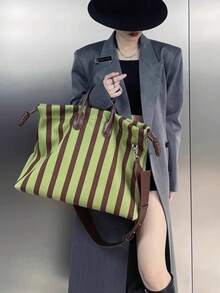 Túi Tote Sọc Thiết Kế Ngách, Sức Chứa Cực Lớn, Túi Mua Sắm Cao Cấp, Túi Xách Tay Nữ, Túi Đeo Vai & Đeo Chéo, Phong Cách Ngọt Ngào & Cá Tính Cho Nữ - màu xanh lá - Xem 5