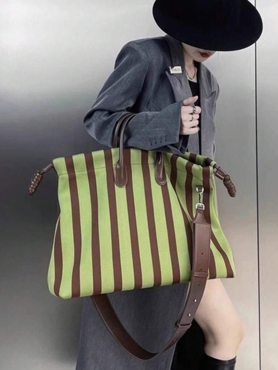 Túi Tote Sọc Thiết Kế Ngách, Sức Chứa Cực Lớn, Túi Mua Sắm Cao Cấp, Túi Xách Tay Nữ, Túi Đeo Vai & Đeo Chéo, Phong Cách Ngọt Ngào & Cá Tính Cho Nữ - màu xanh lá - Xem 1