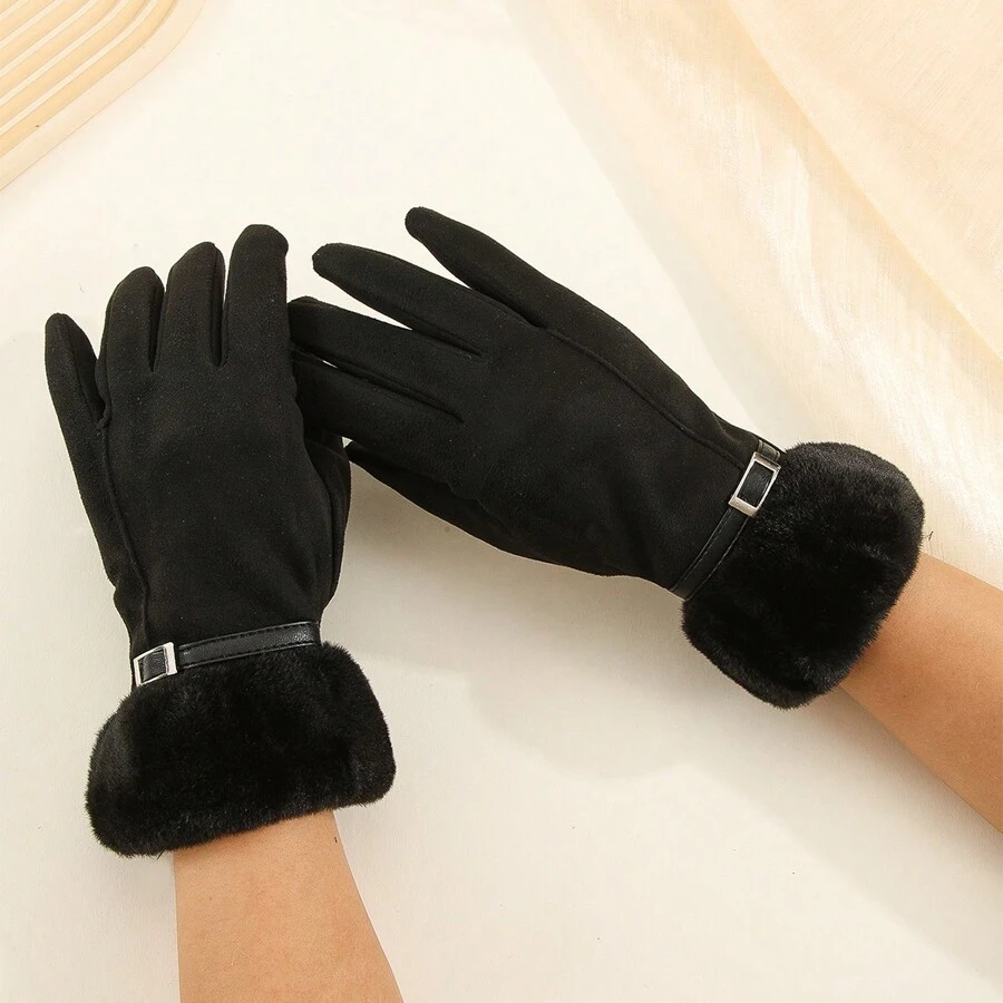 1 Cặp Găng tay lót nhiệt bằng da lộn màu đỏ tía dành cho nữ, ấm áp và chống gió, thích hợp cho hoạt động ngoài trời, lái xe, màn hình cảm ứng cho ngón tay, thời trang - màu đen - Xem 1