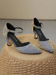 Pointed Toe Hollow Out Chunky Heel Pumps Women With Ankle Strap - Dusty Purple - View 1