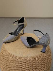 Pointed Toe Hollow Out Chunky Heel Pumps Women With Ankle Strap - Dusty Purple - View 4