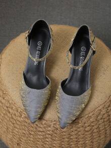 Pointed Toe Hollow Out Chunky Heel Pumps Women With Ankle Strap - Dusty Purple - View 5