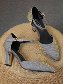 Pointed Toe Hollow Out Chunky Heel Pumps Women With Ankle Strap - Dusty Purple - View 2