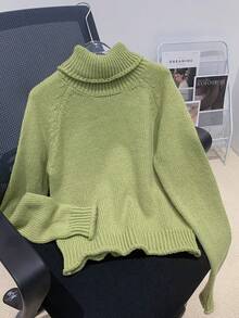 Women's Simple Elegant Solid Color Turtleneck Long Sleeve Knitted Sweater - Green - View 6