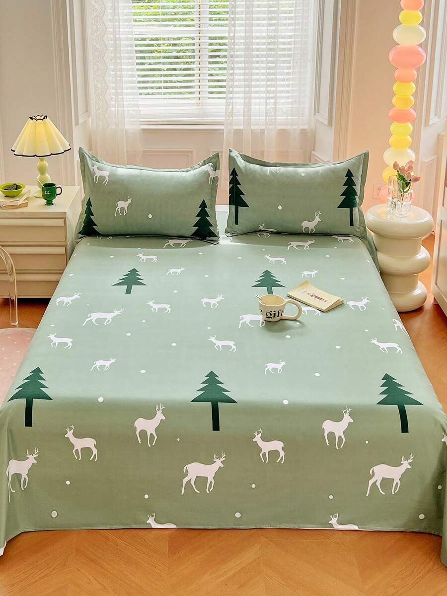 Bộ 2/3 ga trải giường trẻ em in họa tiết, bộ vỏ gối ga trải giường, ga trải giường họa tiết hoa hướng dương, có thể giặt và giặt bằng máy, trở lại trường học - màu xanh lá - Xem 1