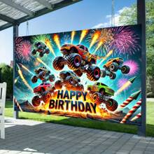 Versatile Monster Truck Birthday Banner - Perfect For Man Parties, Youngsters Showers & Tailgating Events - Durable Polyester, Indoor/Outdoor Use, No Power Needed - 1pc - View 2