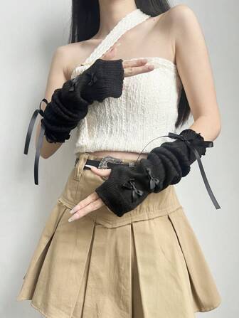 1pair Girls' Ballet Style Gloves White/Yellow Bowknot Arm Warmers, Elegant/All Match/Cute/Casual/Loose/Flexible/Punk/Y2k/Goth/ /Princess, Women's Fingerless Gloves/Knit Sleeves/Arm Warmers Solid Color Knit Gloves/Sleeves, Japanese Style And Suitable For Daily Casual/Going Out/Party/Dinner/Sports Outdoors/Camping/School/College/Street/Dating/Music Festival, Etc. Valentine's Day