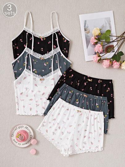 3 件套女士纯色花卉印花荷叶边舒适透气睡衣套装