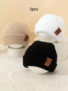 3 件装婴儿男孩针织帽带皮革标签，冬季可爱温暖针织无檐小便帽，男婴帽子套装 - 3 pcs - 查看 7