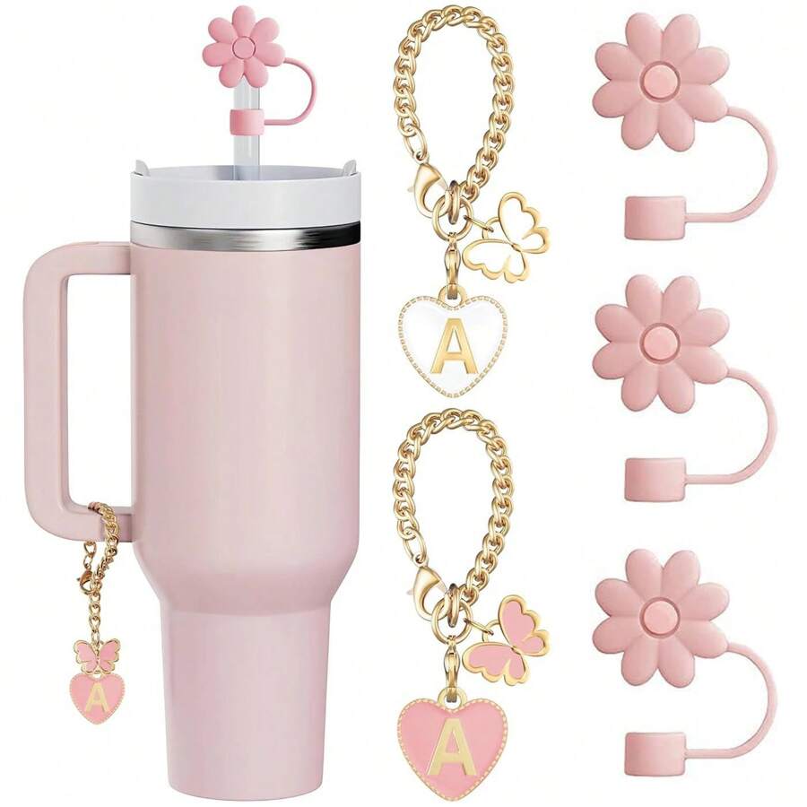 3 pezzi Copricappe per cannucce rosa shocking in paglia, compatibili con gli accessori per tazze , 2 pezzi Ciondoli a forma di lettera carini per bicchieri da 30 e 40 once con manico
