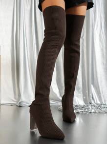 女士黑色节日靴，2023 年新款过膝编织粗跟靴，性感过膝高筒靴，时尚潮流秋冬靴，户外战斗靴，厚底靴，万圣节过膝靴，慕尼黑啤酒节经典靴，厚底靴促销 - 棕色 - 查看 4