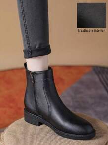 2025 秋冬女士切尔西靴，粗跟，保暖内衬，圆头，弹性，英伦风格，百搭皮靴