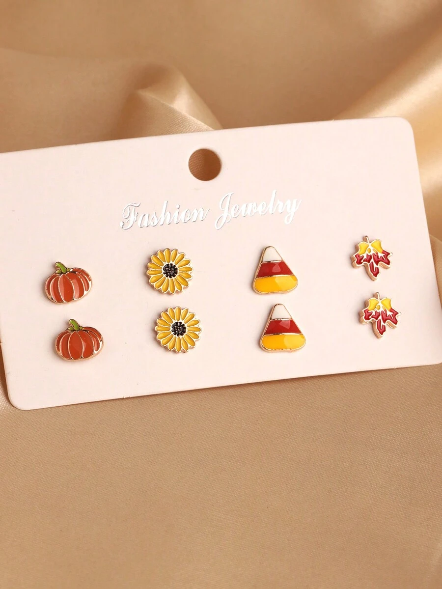 4-7 对优雅感恩节耳环套装，适合女士，南瓜、枫叶、向日葵和雏菊图案，耳环采用多种颜色组合，无卡包装，合金配不锈钢耳针，非常适合节日派对和休闲装 - 彩色 - 查看 1