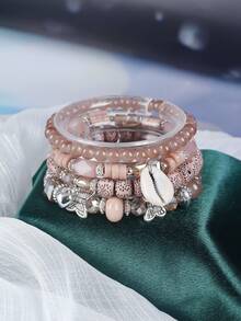 4 件波西米亚风格时尚水晶和贝壳珠多层弹性手链，适合女士，情人节/周年纪念日/生日礼物，适合情侣、朋友、家人惊喜 - 米色 - 查看 4