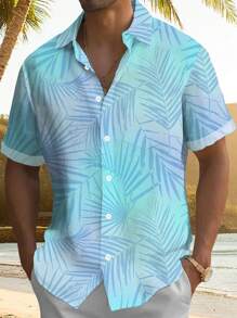 Plus Size Men Hawaii Gradient Leaf Print Button Pocket Short Sleeve Shirt