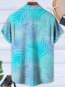 Plus Size Men Hawaii Gradient Leaf Print Button Pocket Short Sleeve Shirt