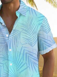 Plus Size Men Hawaii Gradient Leaf Print Button Pocket Short Sleeve Shirt