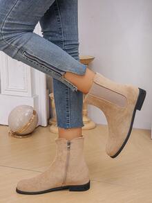 女士切尔西靴，2024年新款秋冬短筒靴，方头，英式短筒粗跟低跟靴，法式百搭西式裸色韩版时尚靴子，平底女士短靴 - 卡其色 - 查看 3