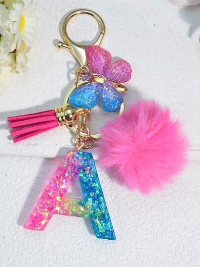 1pc Contrast Color Resin Letter Key Chain, Fashion Bag Pendant With Butterfly Tassel Pom Pom, Gift For Friends School Car Accessories Cute Goth Y2k