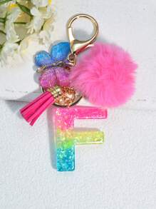 1 pièce Porte-clés en résine à lettres bicolores, pendentif de sac mode avec pompon à gland papillon, cadeau pour amis et école