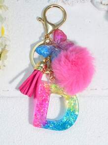 1 pièce Porte-clés en résine à lettres bicolores, pendentif de sac mode avec pompon à gland papillon, cadeau pour amis et école