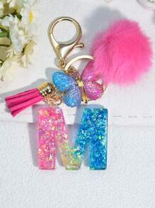 1 pièce Porte-clés en résine à lettres bicolores, pendentif de sac mode avec pompon à gland papillon, cadeau pour amis et école