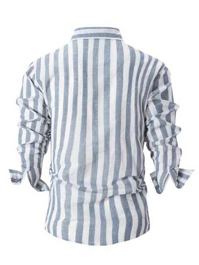 Men's Loose Striped Stiff Coarse Fabric Non-Stretch Casual Long Sleeve Button-Down Collar Shirt, Summer Simple Style