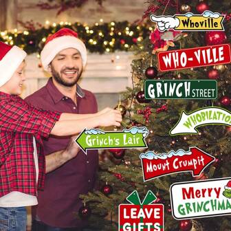 9件套圣诞树装饰品，路标圣诞挂饰 - 大型节日纸质悬挂装饰，适合家居和室内派对，圣诞庆祝主题圣诞树装饰，创意悬挂饰品