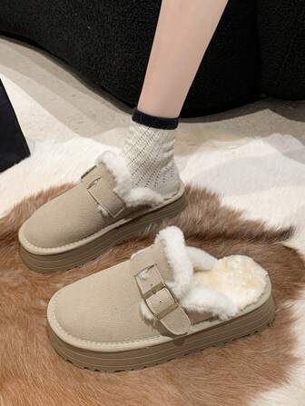 Pantuflas con plataforma esponjosa para mujer 2024, sandalias retro tipo slip-on con piel, aptas para uso en exteriores en invierno