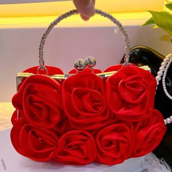 Satin Rose Flower Handbag, Elegant Lady Niche Bridal Clutch, Bridesmaid Shoulder Bag, Tready Party Bags,Perfect For Party, Wedding, Prom, Dinner/Banquet, Elegant Prom Bag, Exquisite Floral Bag For Women