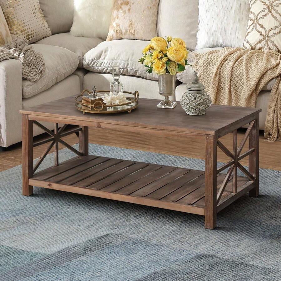 47 Inch Modern Coffee Table With Storage Shelf, Farmhouse Rectangle Living Room Center Table For Small Spaces(Antique Brown)