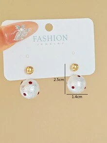 1 对时尚柔软红色波尔卡圆点仿珍珠耳钉，适合女士，奢华褶皱中国新年吊坠耳饰 - 彩色 - 查看 3