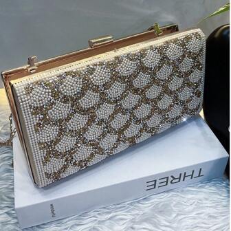 Women's Fashion Elegant Luxury Diamond Decorated Evening Clutch Bag, Shiny Handbag Small Square Bag Evening Bag, Pearls Decorated Crossbody Bag